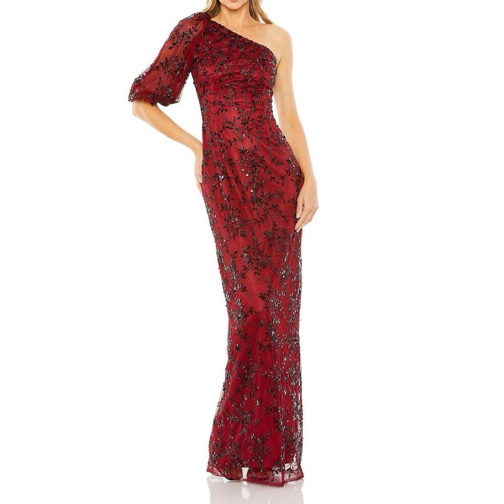 Mac Duggal  Burgundy Bead One Shoulder Puff Sleeve Gown SZ 10 ($598) NWT